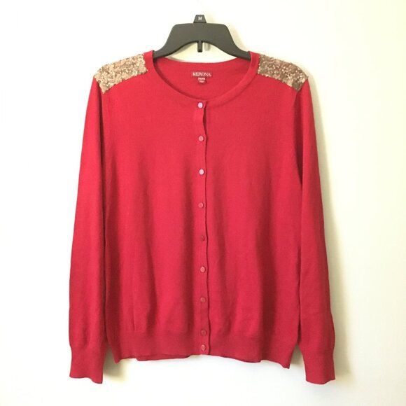 Merona Red with Gold Sequin Shoulders Button Down Cardigan - Picture 3 of 14